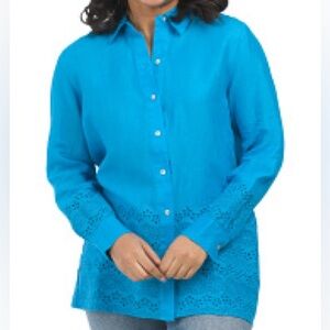 NWT Elie Tahari 100% linen Button Collared Shirt w/Eyelet Detail bottom/sleeves